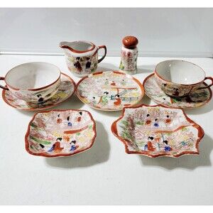 Vintage 9-Piece Hand Painted Geisha Porcelain Japanese Creamer Cups Saucers